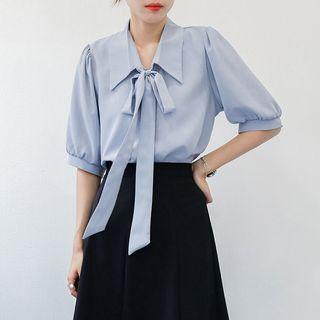 Short-sleeve Bow Chiffon Blouse / Midi A-line Skirt