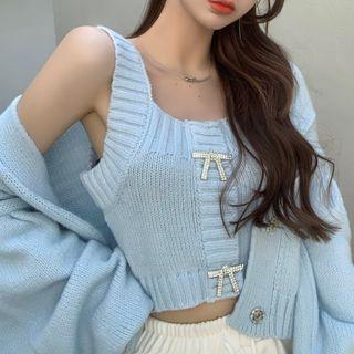 Rhinestone Bow Knit Camisole Top / Cardigan