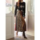 Patterned Faux-suede Long Accordion-pleat Skirt