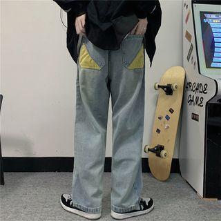 Contrast Panel Straight Leg Jeans