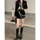 Crop Shirt With Tie / Cropped One-button Blazer / Faux Pearl Chain Mini Pencil Skirt