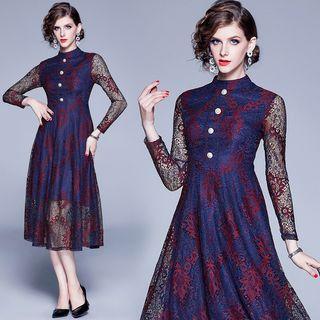Long-sleeve Printed Midi A-line Lace Dress