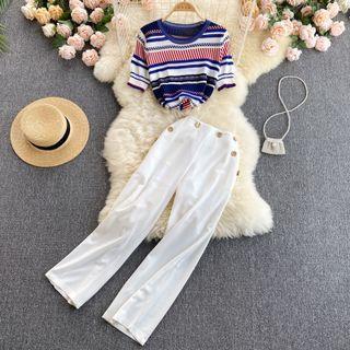 Set Of 2 : Striped Knit Short-sleeve Top + Plain High-waist Wide-leg Pants