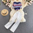 Set Of 2 : Striped Knit Short-sleeve Top + Plain High-waist Wide-leg Pants