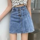 Pleated Washed Mini A-line Denim Skirt