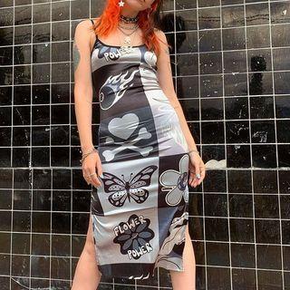 Butterfly Print Slit Midi Dress