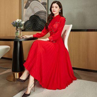 Tie-waist Long-sleeve Midi Accordion Pleated Dress