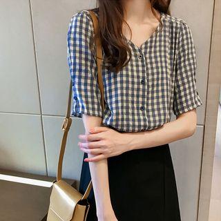 Short Sleeve V-neck Check Shirt