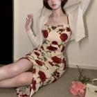 Rose-print Sleeveless Midi Dress / Light Cardigan