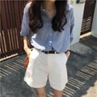 Set : Short-sleeve Plain Shirt + High-waist Wide-leg Shorts