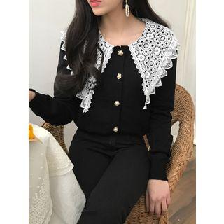Lace-collar Faux-pearl Button Cardigan