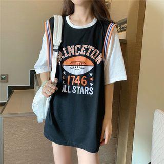 Mock Two-piece Short-sleeve Rugby Print T-shirt