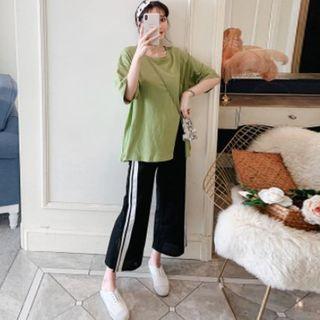 Set: Elbow-sleeve Slit T-shirt + Contrast Trim Wide-leg Cropped Pants