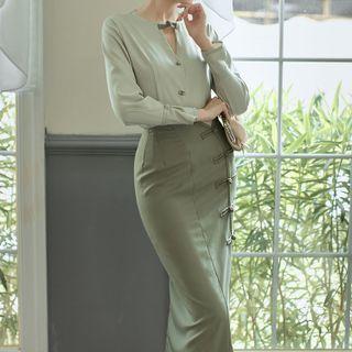 Set: Long-sleeve Blouse + Frog-button Midi Pencil Skirt