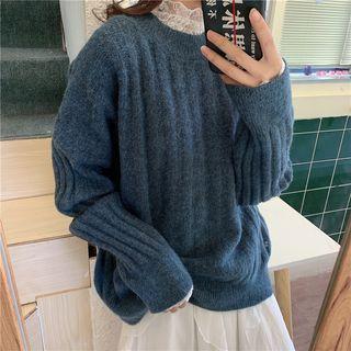 Loose-fit Knit Sweater / Stand-collar Lace Top