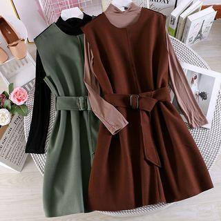 Long-sleeve Top / Sleeveless Belt-waist Dress