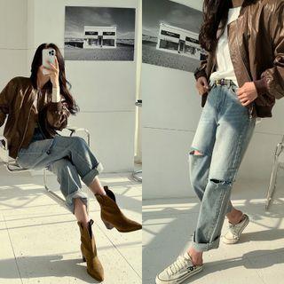 Rib-trim Bomber Jacket Brown - One Size
