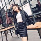 Set: Faux Leather Jacket + Fitted Mini Skirt