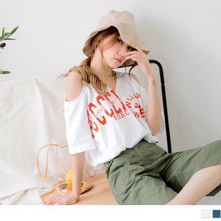 Lettering Cutout Shoulder Short-sleeve Top