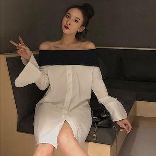 Off-shoulder Long-sleeve Shirt Dress As Shown In Figure - One Size