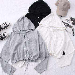 Drawstring-hem Button-down Hooded Crop Top