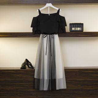 Set: Elbow-sleeve Cold Shoulder Top + Mesh A-line Midi Skirt