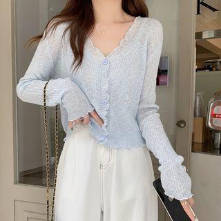 Long Sleeve Ruffled-trim V-neck Crop Light Cardigan