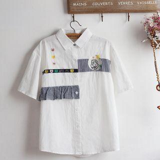 Short-sleeve Embroidered Plaid Panel Shirt