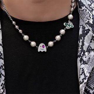 Ghost Pendant Faux Pearl Alloy Necklace White & Silver - One Size
