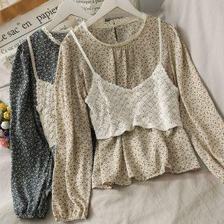 Set: Lace-neckline Floral Loose Top + Cami