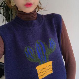 Cactus Print Knit Vest / Plain Turtleneck Long Sleeve T-shirt
