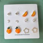 6 Pair Set: Fruit / Heart / Flower Alloy Earring (assorted Designs) Set Of 6 Pairs - 0857a - Earring - Orange & Silver - One Size