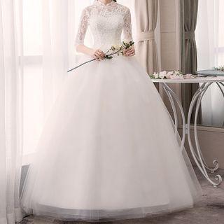 Elbow-sleeve Lace Wedding Ball Gown / Set