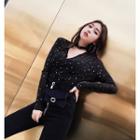 Star Embroidered V-neck Long-sleeve Top