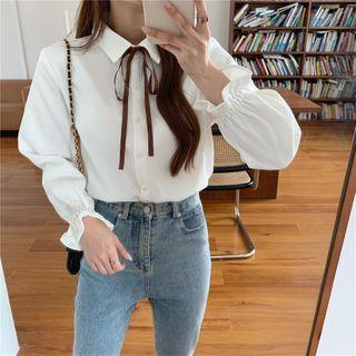 Tie Neck Bell-sleeve Plain Blouse