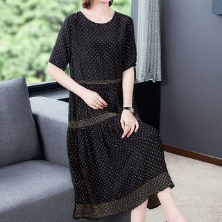 Elbow-sleeve Dotted Midi Smock Dress