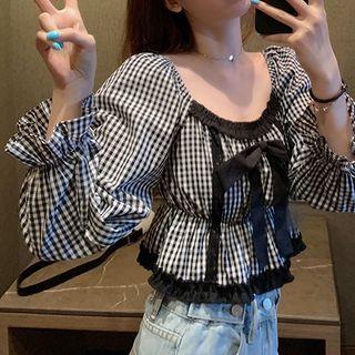 Gingham Puff Long-sleeve Crop Top With Bow-knot Black - One Size