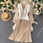 Set Of 2 : V-neck Bow Long-sleeve Accordion Pleat Dress + Knit Vest