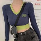 Long-sleeve Color Block Knit Crop Top As Shown In Figure - One Size