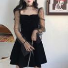 Dotted Lace Panel Mesh Midi Dress Black - One Size