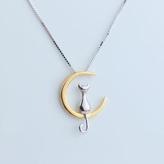 Sterling Silver Cat & Moon Necklace