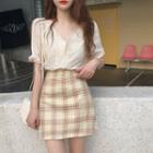 Set: Puff-sleeve Eyelet Blouse + Plaid Mini A-line Skirt