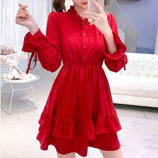 Ruffle Trim Long-sleeve Mini A-line Dress