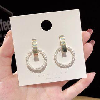 925 Sterling Silver Faux Pearl Hoop Drop Earring 1 Pair - E1002 - Gold - One Size