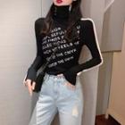 Turtleneck Contrast Trim Lettering T-shirt