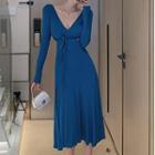 Long-sleeve V-neck Slit Maxi A-line Dress