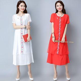 Short-sleeve Embroidered Layered Midi Dress