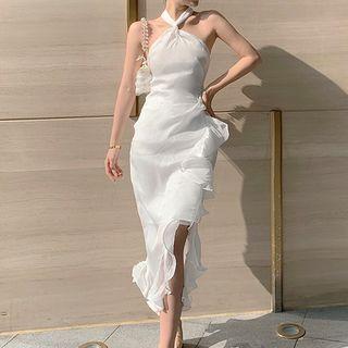 Halter-neck Ruffle Hem Sheath Dress