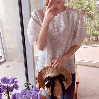 Scallop-hem Eyelet-lace Top Ivory - One Size