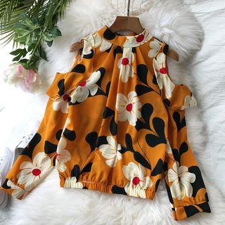 Long-sleeve Cold Shoulder Floral Print Top